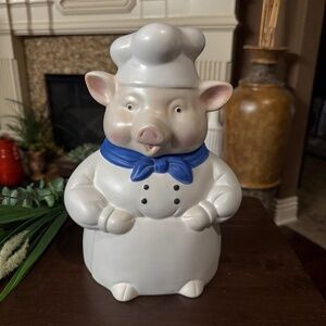 Large 1970’s Vintage Ceramic Baker Chef Pig Cookie Jar Blue Keirchief CKAO